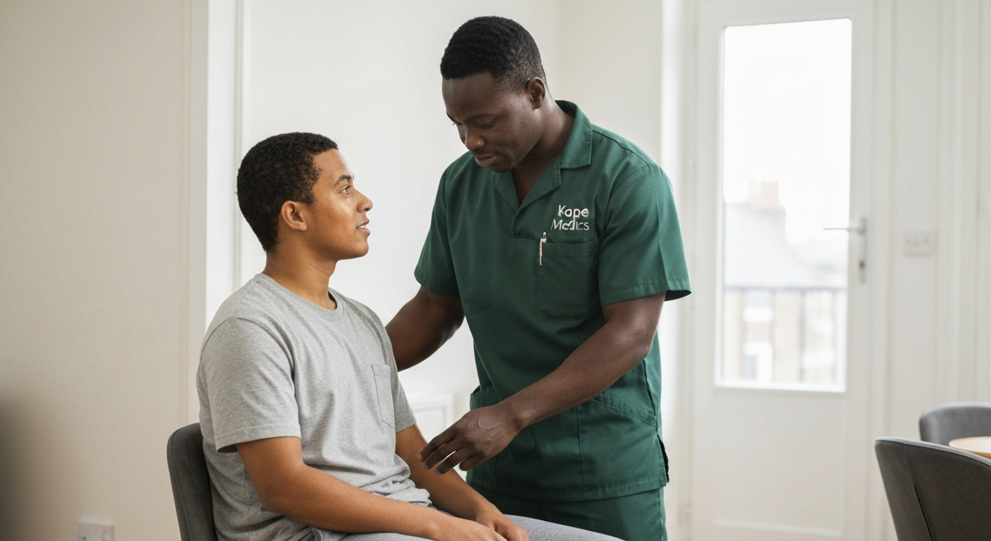 Kope Medics specialist care worker supporting a service user at home in London — we are hiring care workers and support workers across London