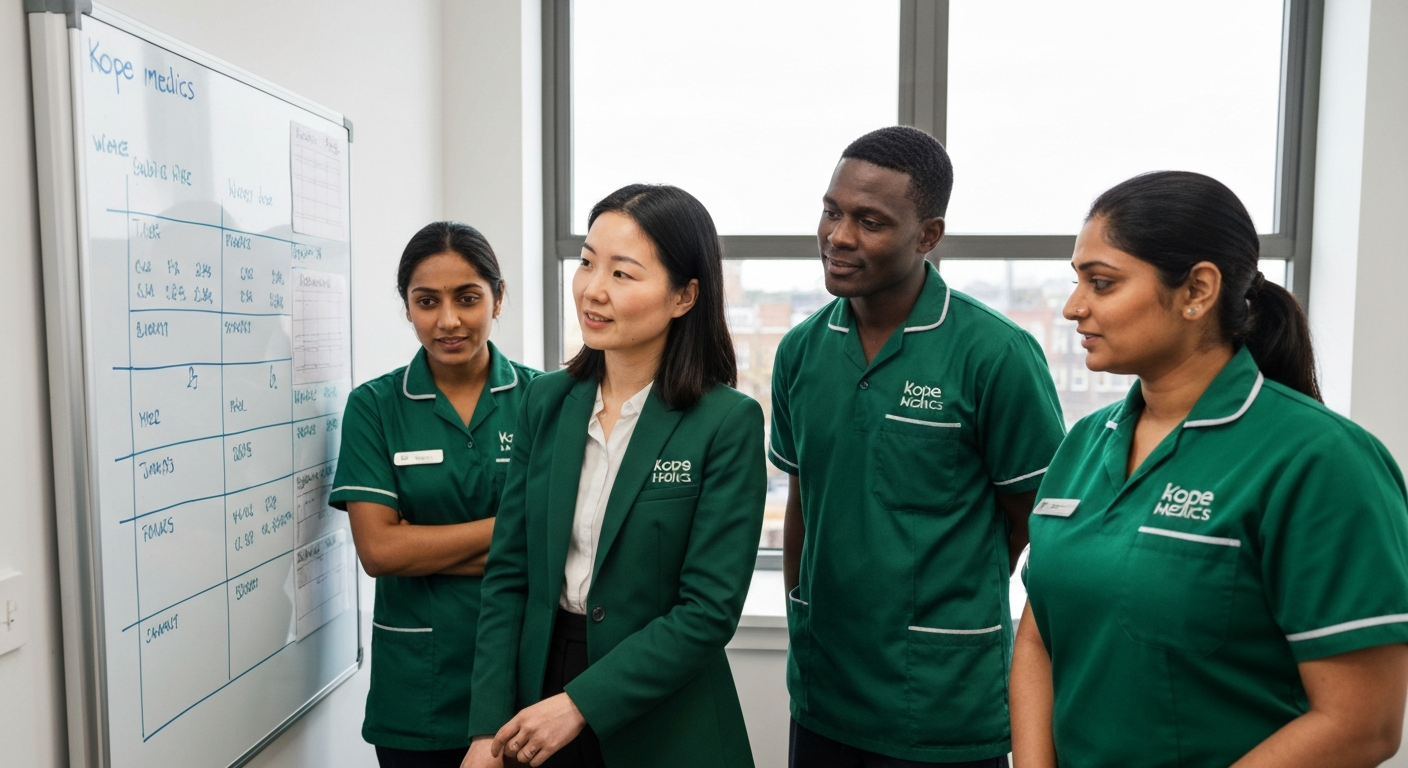 Kope Medics clinical lead conducting a care team briefing at their London office — care management and support worker jobs in London