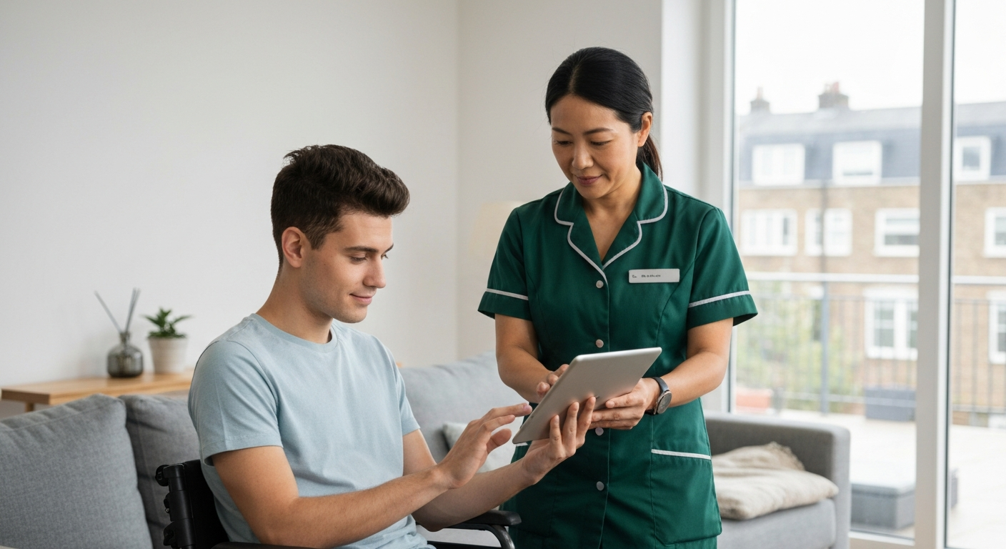 Kope Medics complex care specialist supporting a young adult with spinal injury to maintain independence at home in London