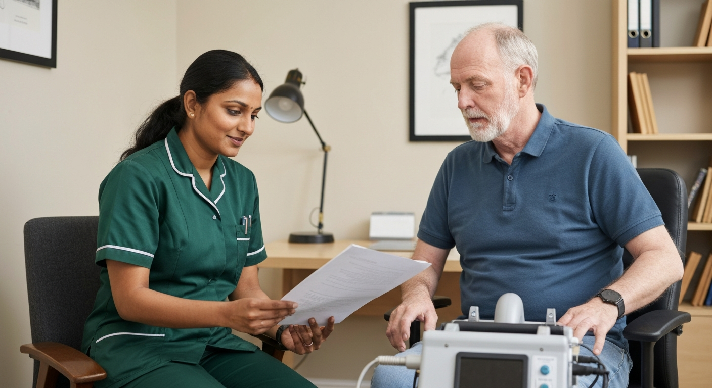 Kope Medics complex care specialist reviewing a clinical care plan with a high-dependency patient at home in London