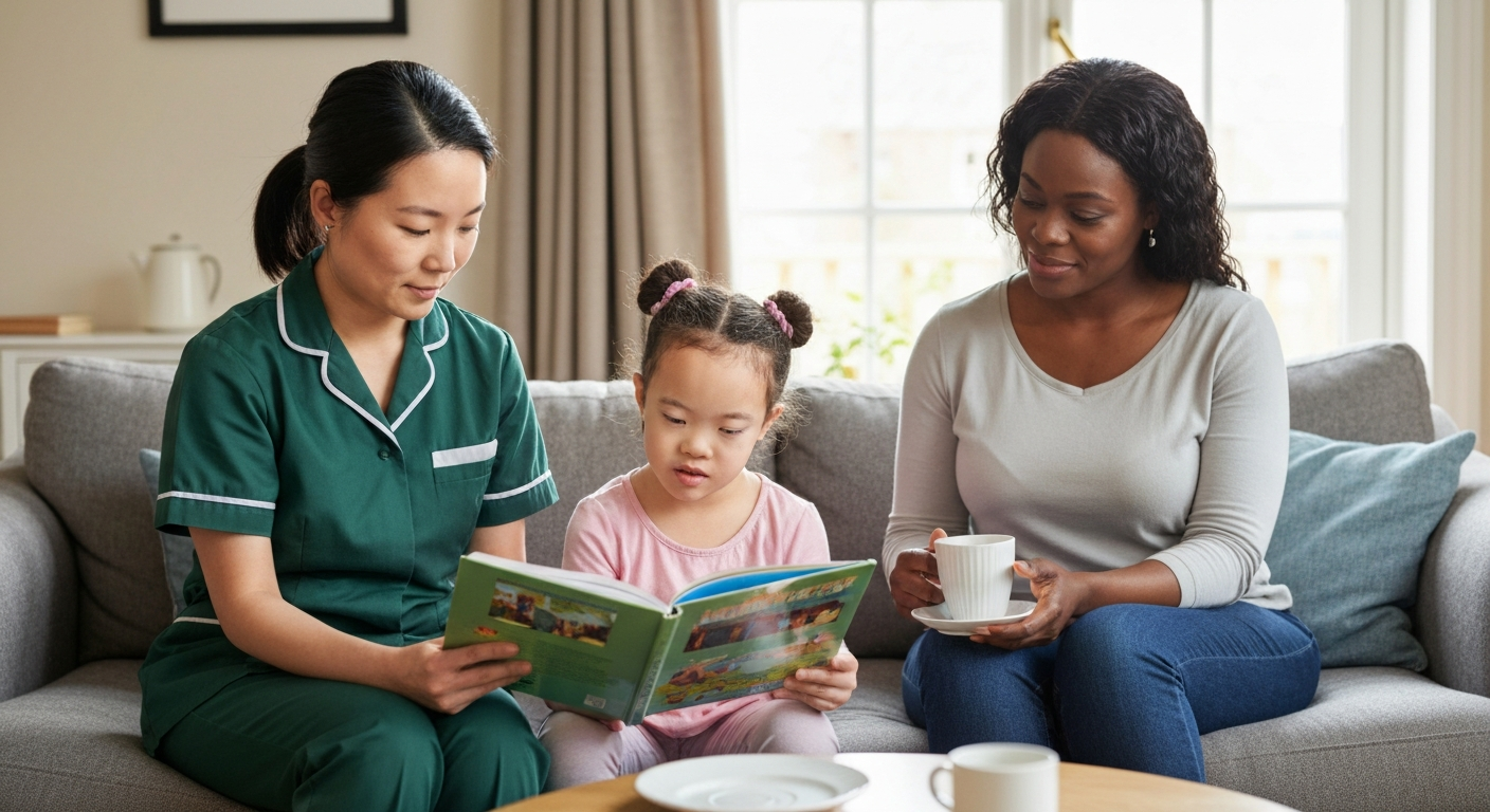 Kope Medics children's carer reading with a young child at home in London while her mother looks on reassured — family-centred paediatric care