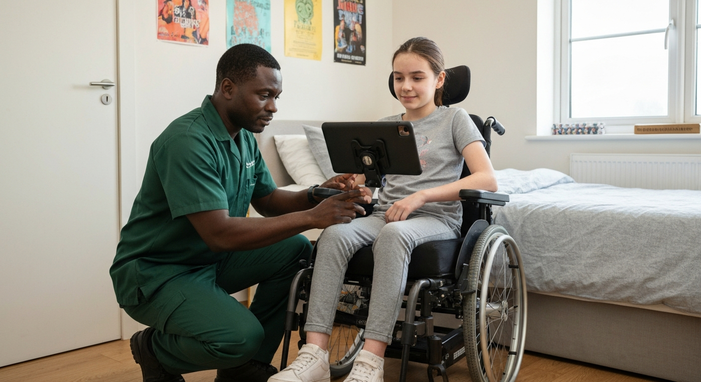 Kope Medics specialist carer supporting a teenage girl with complex needs using assistive technology at home in London