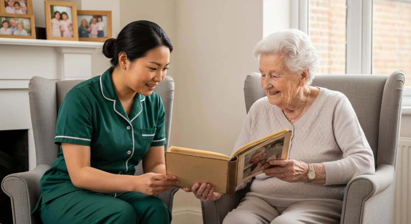 Kope Medics dementia care specialist sharing a photo album with an elderly woman, supporting reminiscence and emotional connection