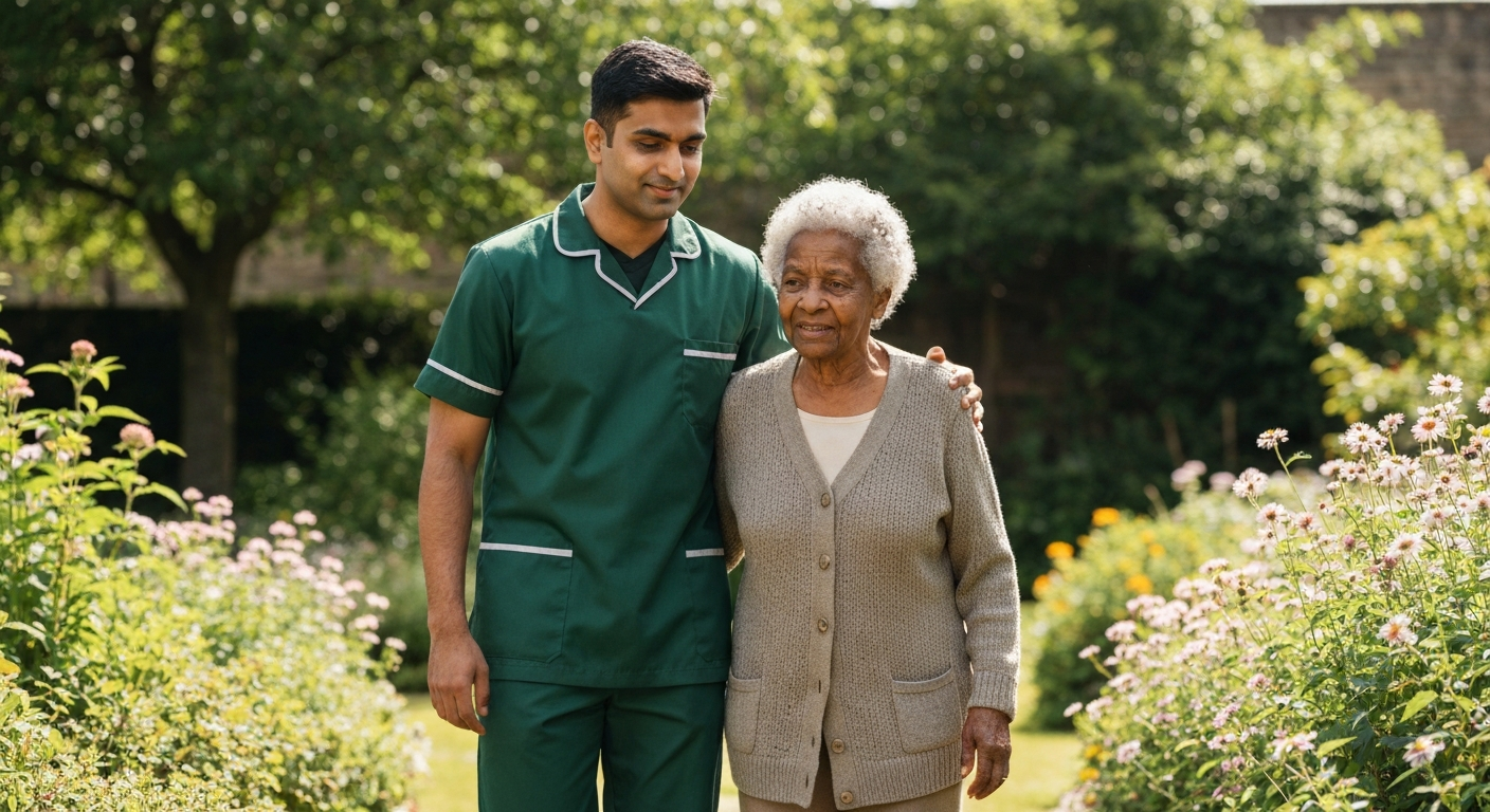 Kope Medics dementia care specialist walking gently alongside an elderly woman in a London garden