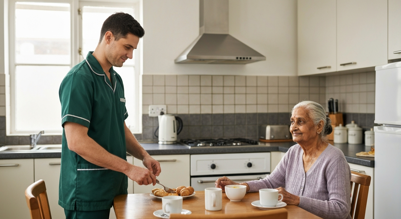 Kope Medics dementia care carer preparing breakfast in a London kitchen while an elderly woman sits comfortably at the table