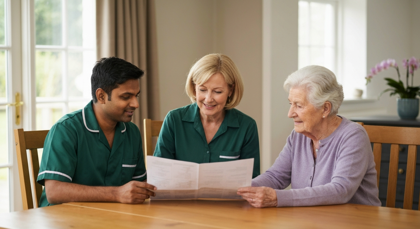 Kope Medics care coordinator discussing a home care plan with a family in their London home
