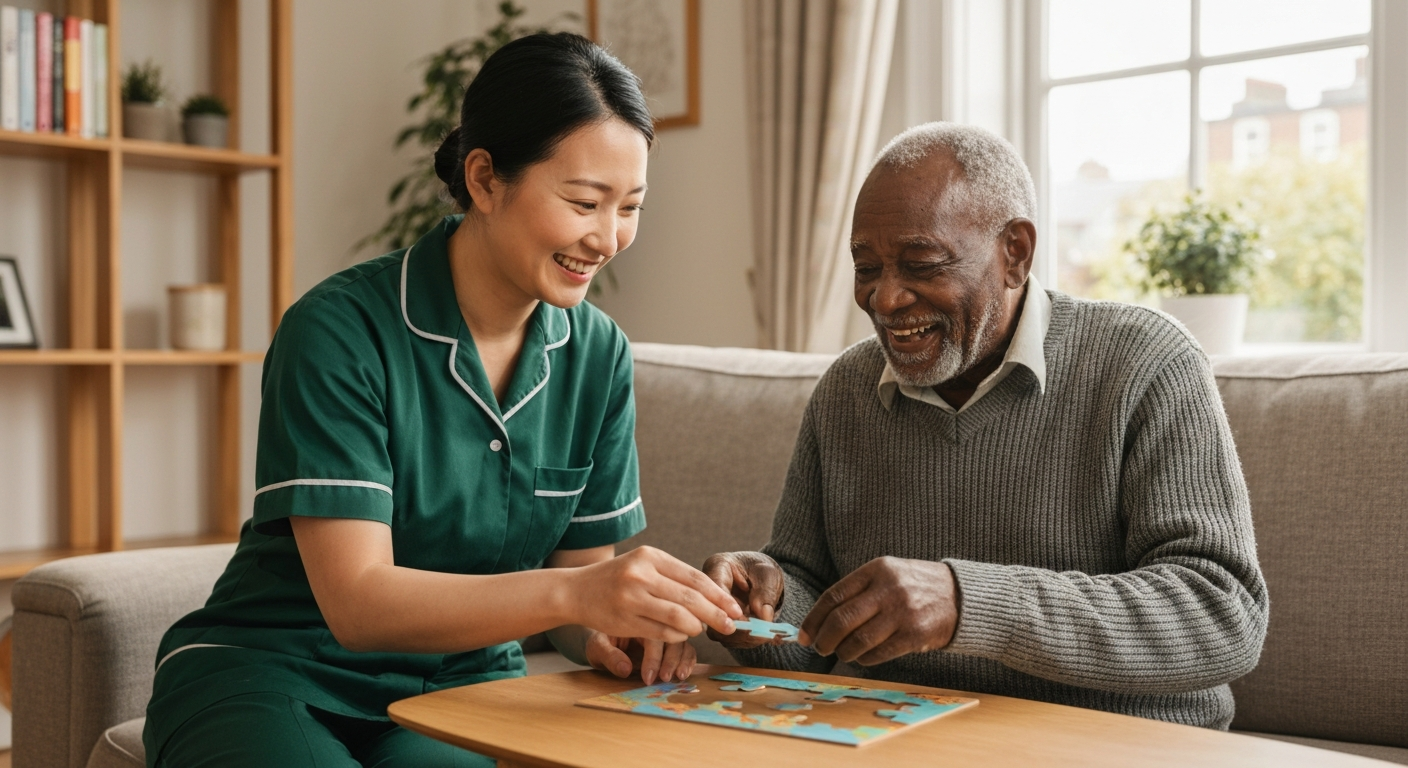 Kope Medics home carer providing companionship and social engagement for an elderly man in London