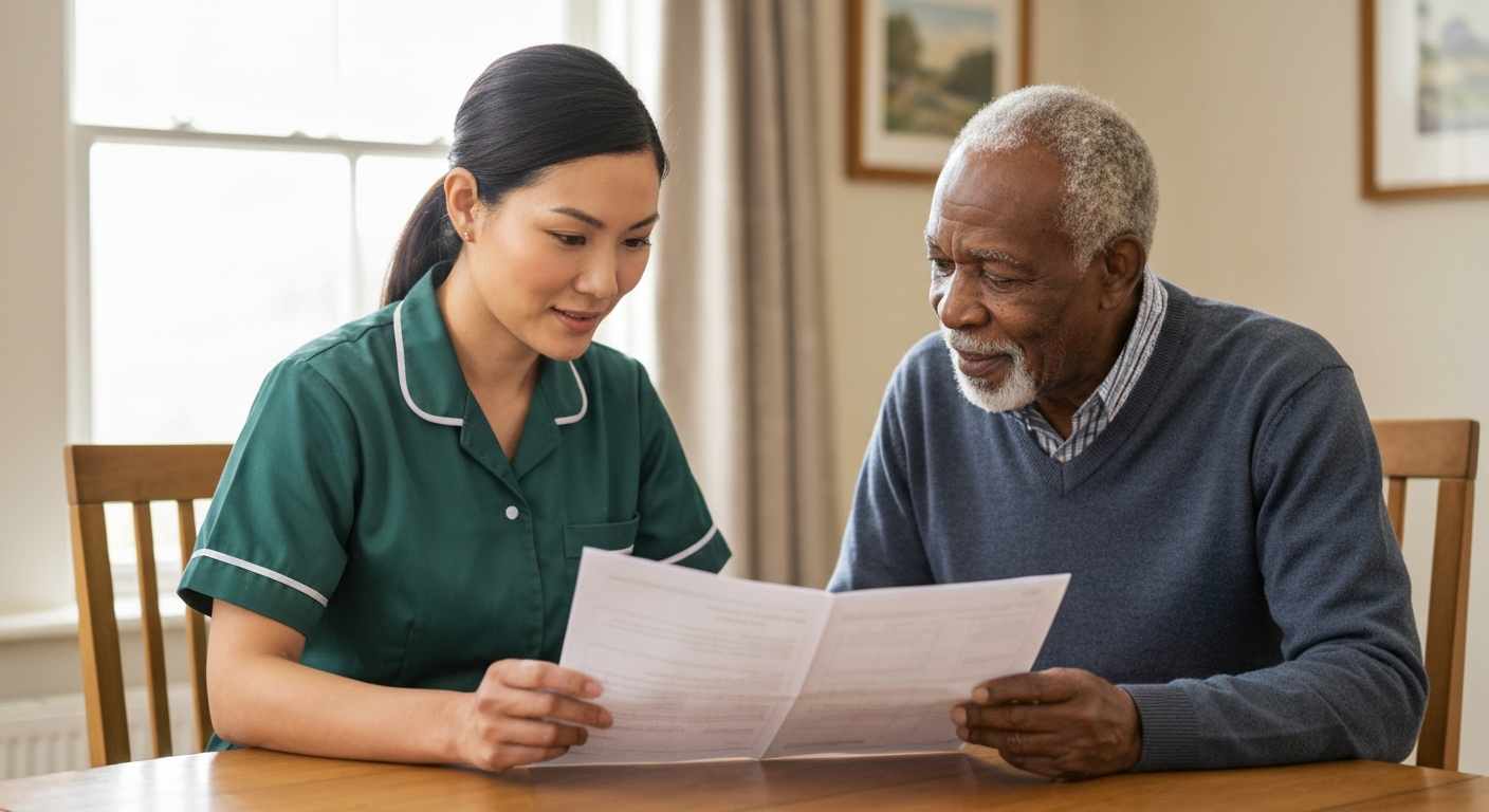Kope Medics care coordinator reviewing a personalised care plan with a service user at home in London