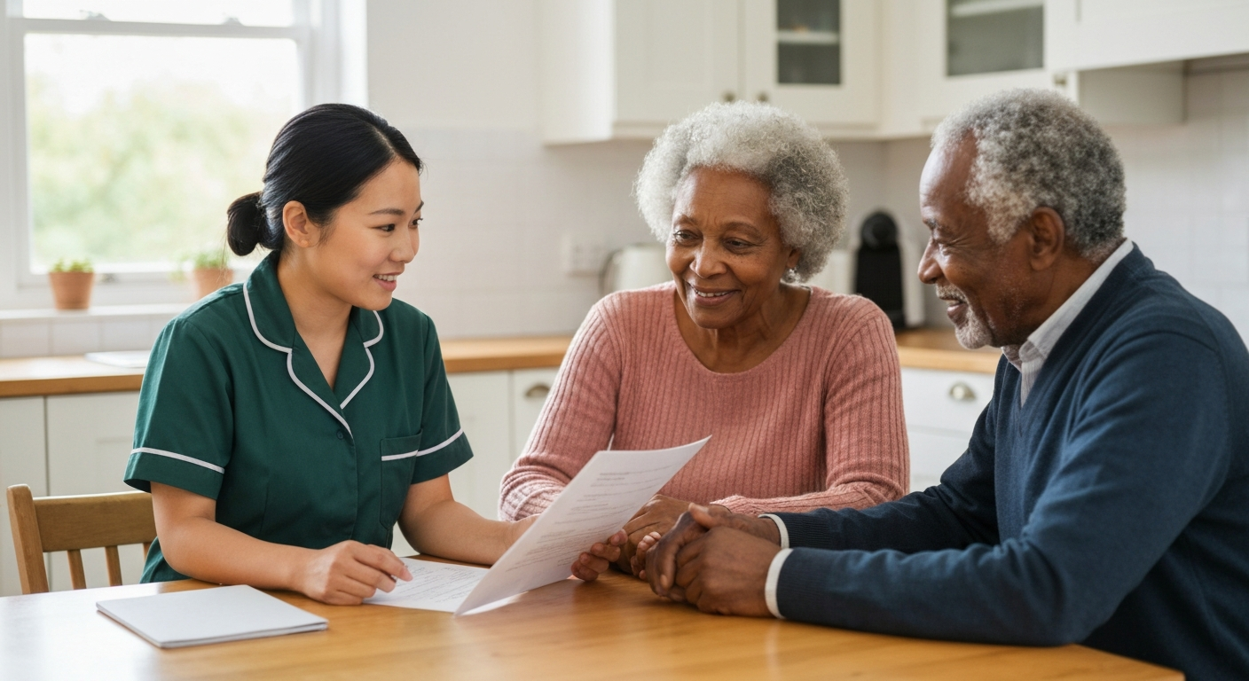 Kope Medics live-in care coordinator discussing a care plan with an elderly couple at home in London — live-in care for couples