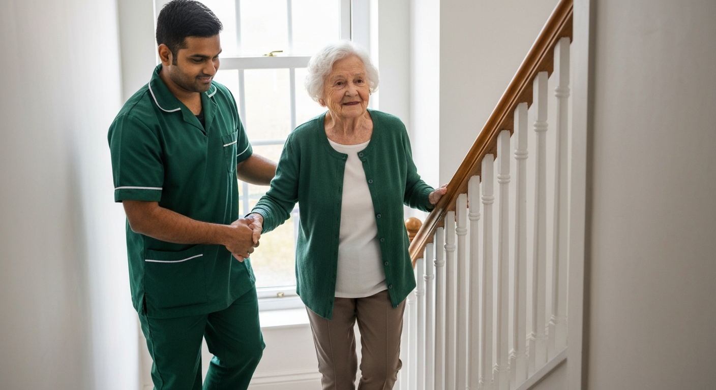 Kope Medics live-in carer assisting an elderly woman safely on the stairs in her London home — 24-hour live-in care