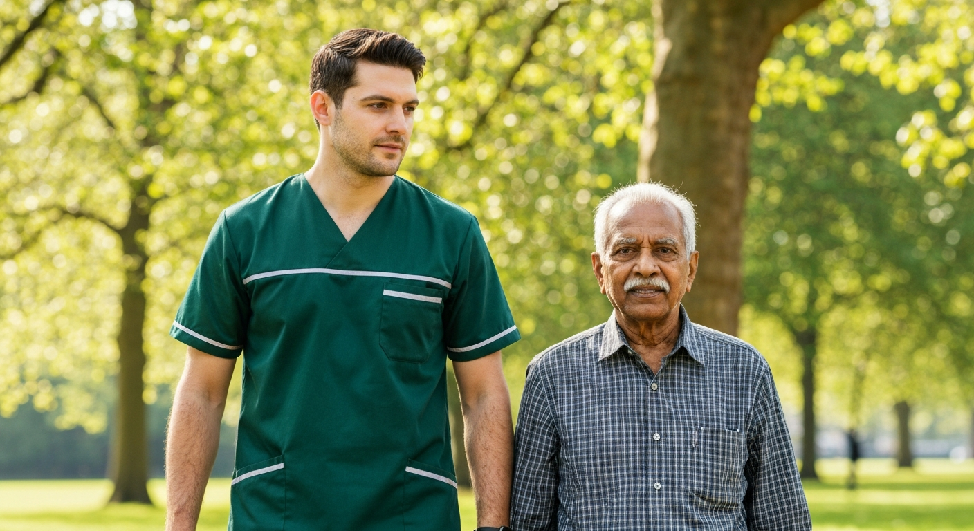 Kope Medics live-in carer supporting an elderly man on an outdoor walk in London — promoting independence with 24-hour home care