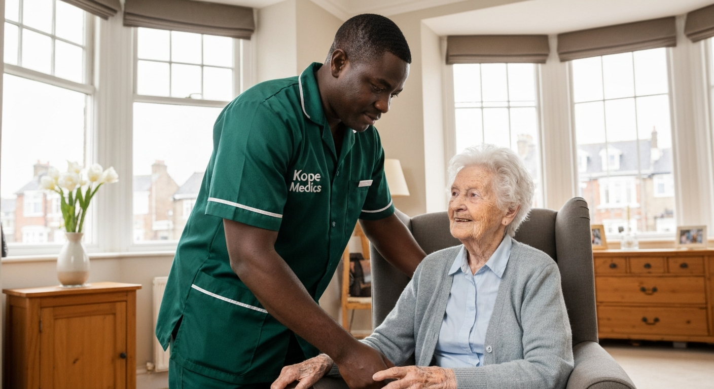 Kope Medics carer providing home care support for an elderly woman in her Lewisham home — specialist domiciliary care in South East London