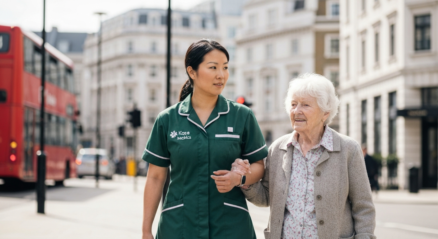 Kope Medics specialist carer supporting an elderly woman in London — specialist home care and support services across all London boroughs