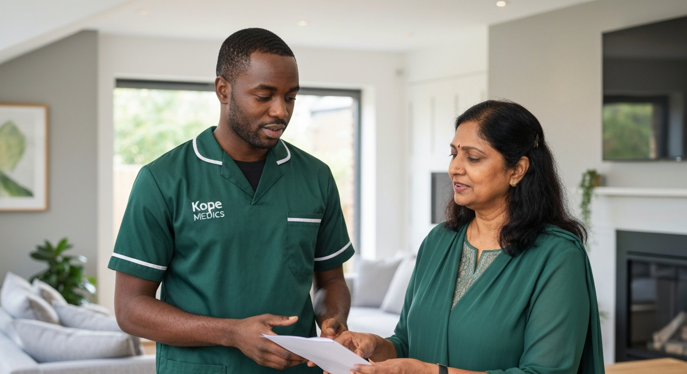 Kope Medics clinical specialist reviewing a care package with a service user in London — specialist home care across the capital