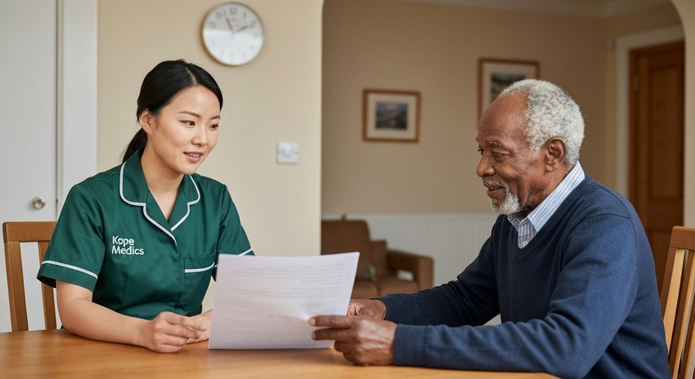 Kope Medics care coordinator discussing a home care plan with an elderly man in his Southwark flat — specialist care in South East London