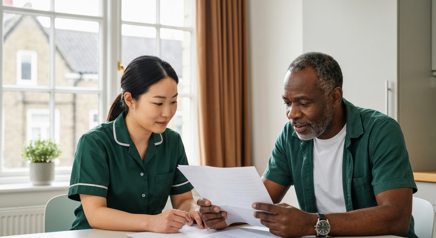 Kope Medics mental health support worker helping a service user plan his weekly routine at home in London — structured mental health support