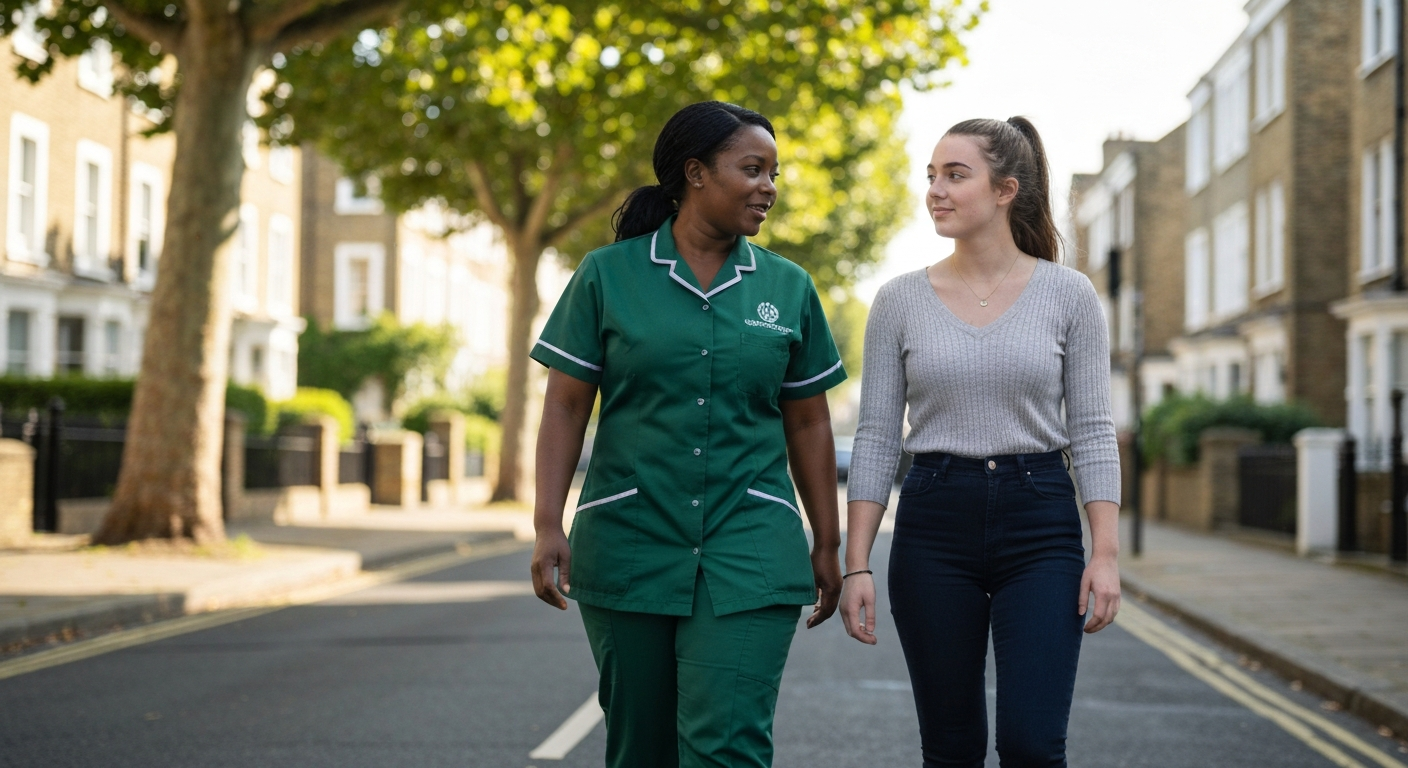 Kope Medics mental health support worker accompanying a young woman in the community in London — mental health home care support