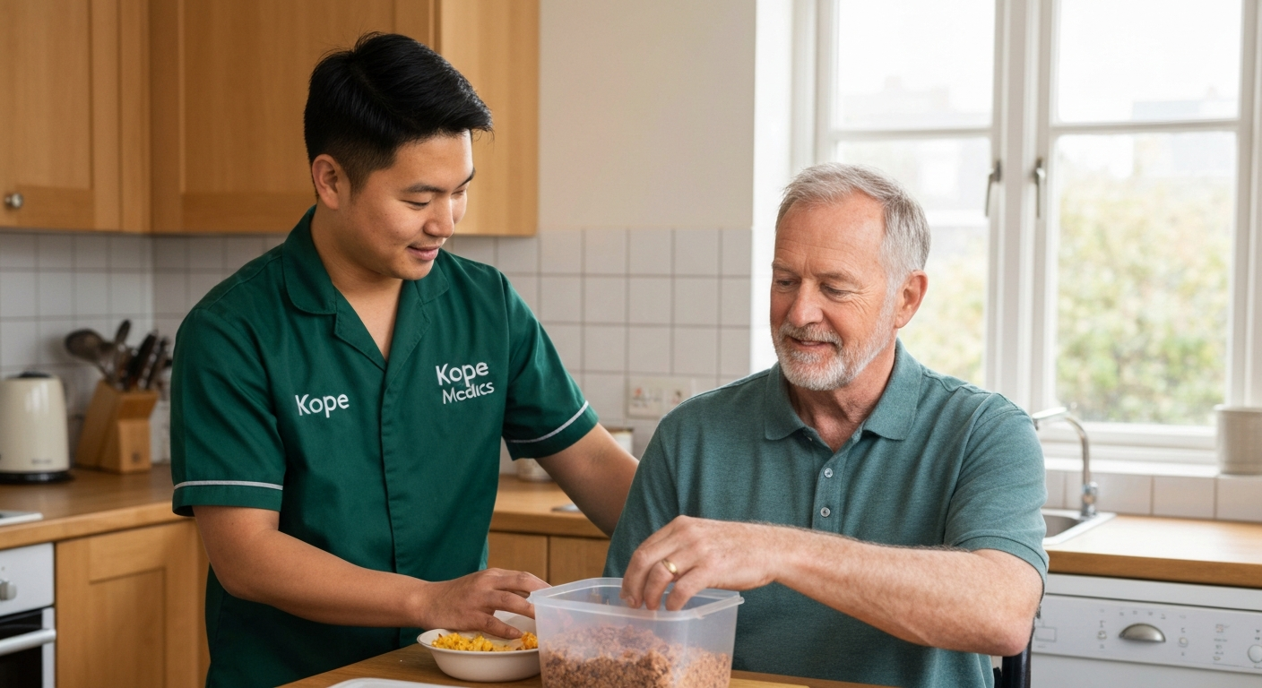 Kope Medics specialist supporting a man with MS to prepare his own meal in his adapted London kitchen — independence-first disability care