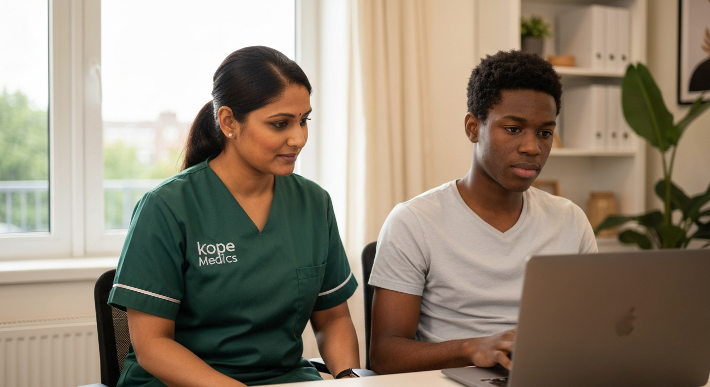 Kope Medics disability support specialist supporting a young man with a spinal cord injury to work independently at home in London