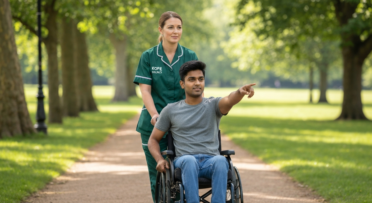 Kope Medics disability support carer accompanying a young man in a wheelchair through a London park — promoting community access and independence