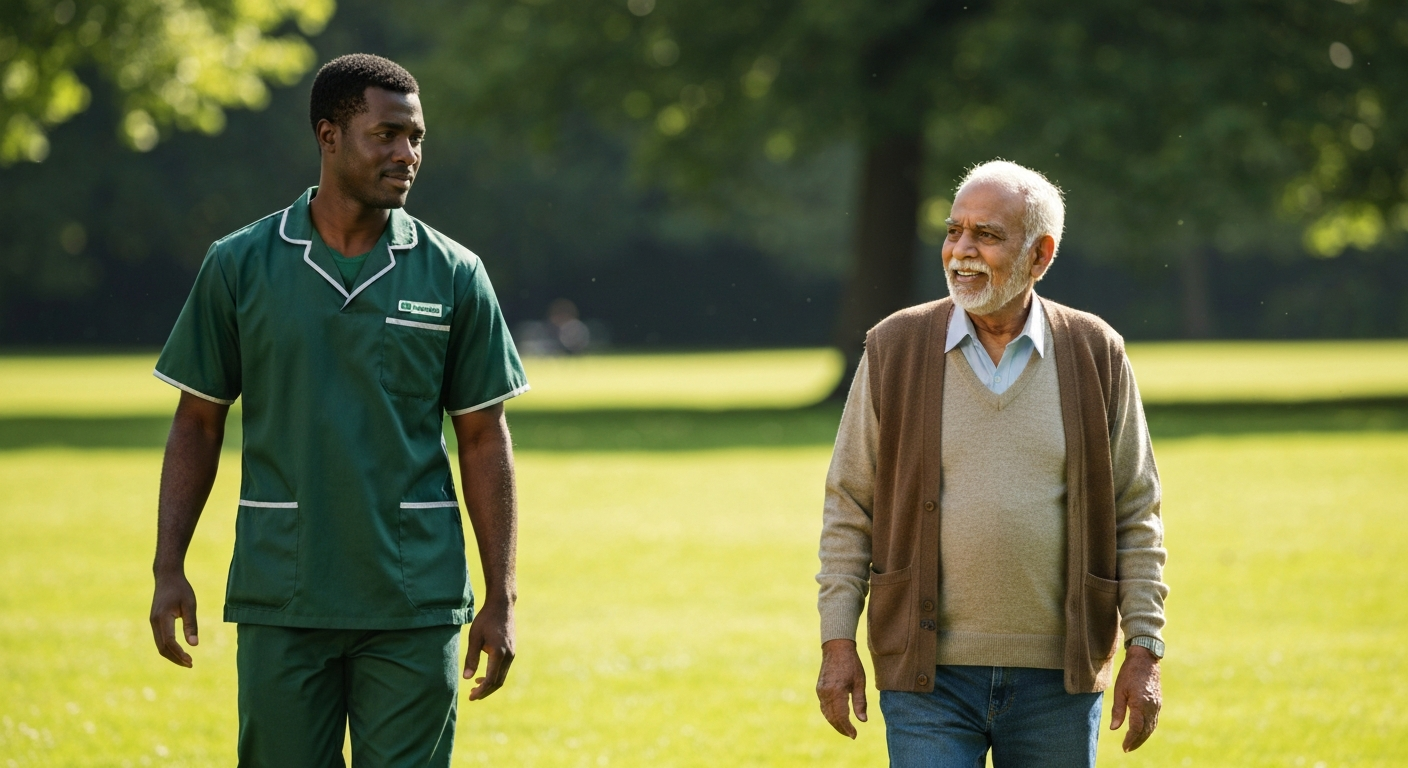 Kope Medics respite carer providing companionship and outdoor support for an elderly man in London — short-term respite care