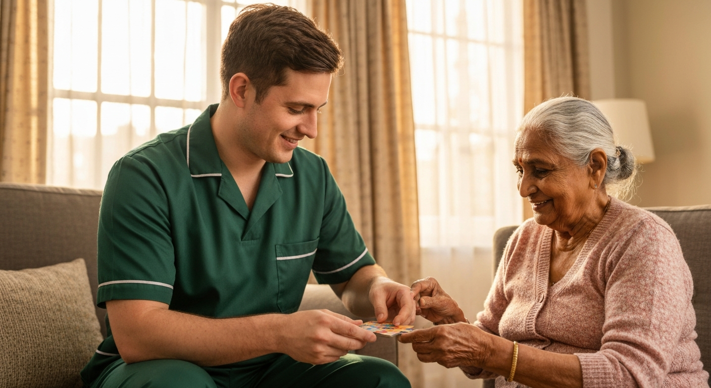 Kope Medics respite carer engaging an elderly woman in a meaningful activity at home in London — reliable short-term care cover