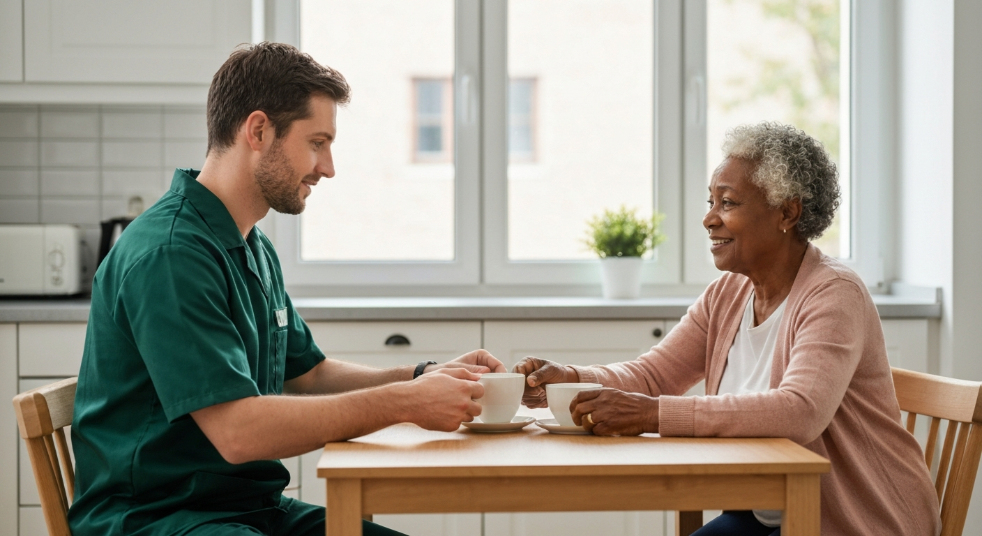 Kope Medics dementia care specialist supporting an elderly woman at home in London — dementia home care service