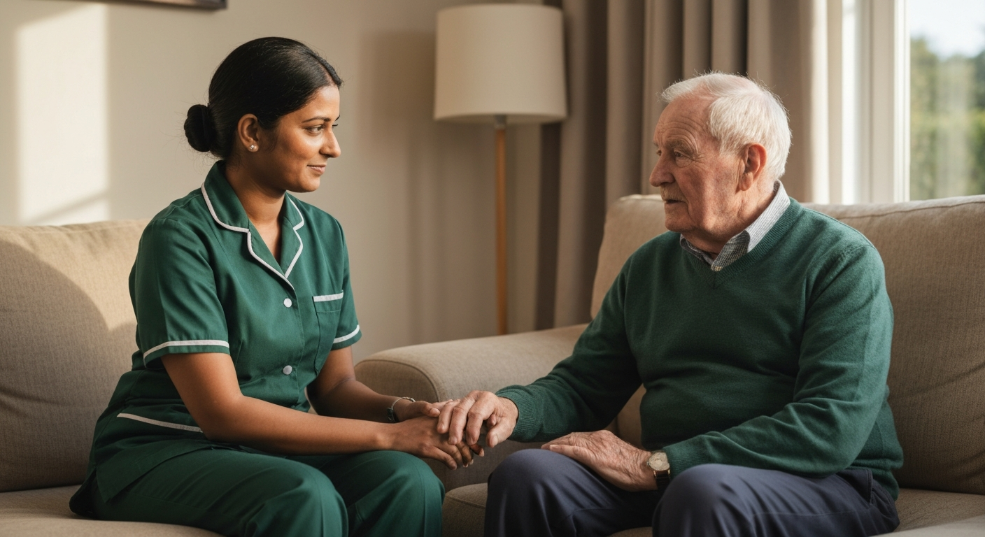 Kope Medics carer providing compassionate home care for an elderly man in London — enquire about our care services