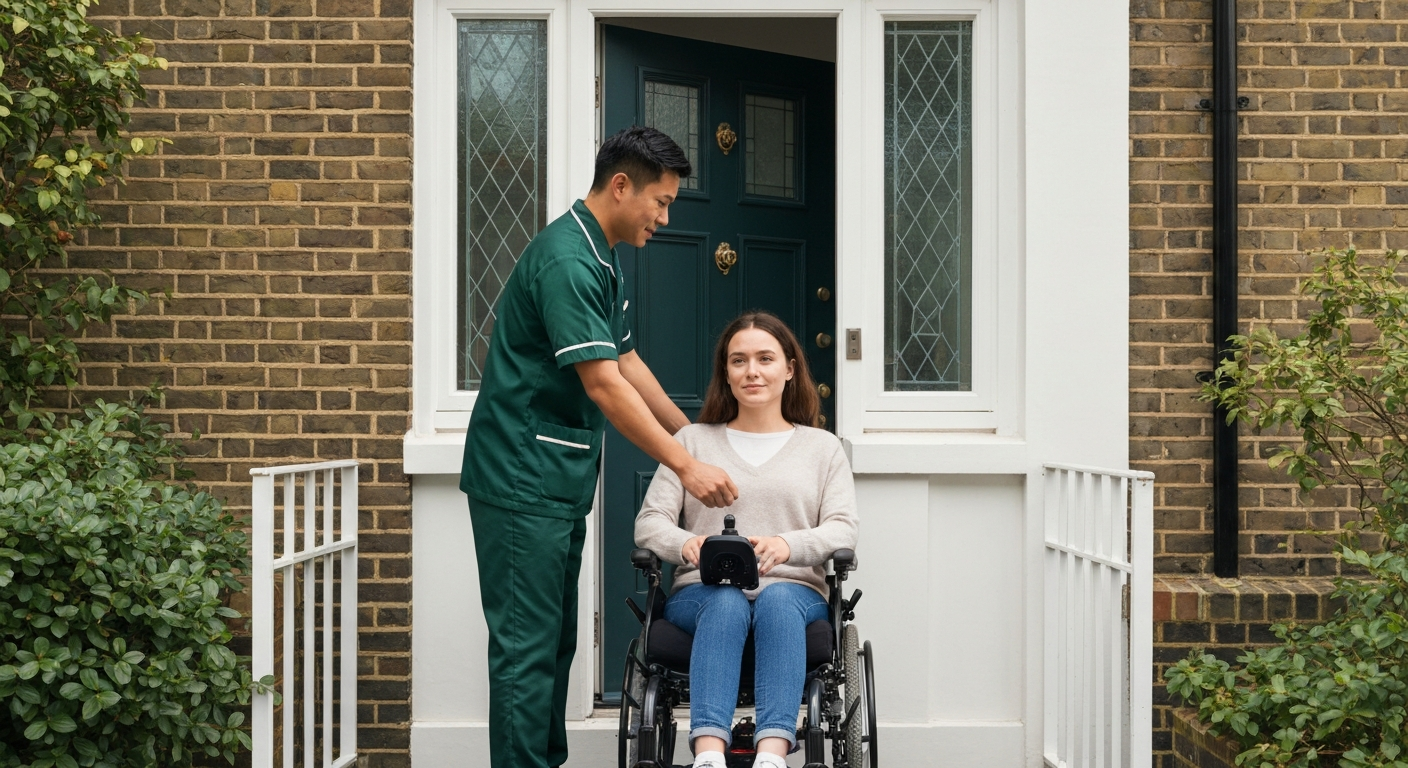 Kope Medics specialist carer supporting a young woman with physical disability at home in London