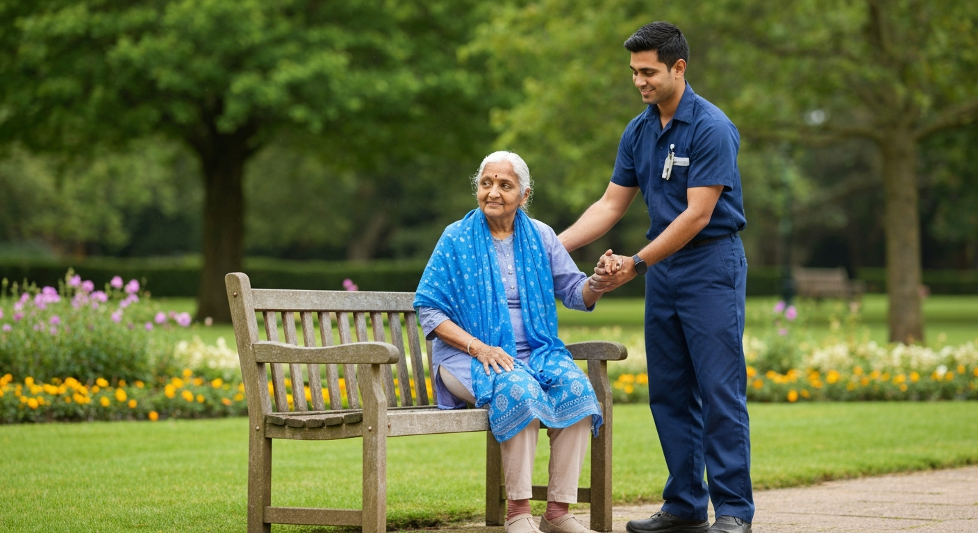 Kope Medics respite carer accompanying a service user on a walk in London — short-term respite care service