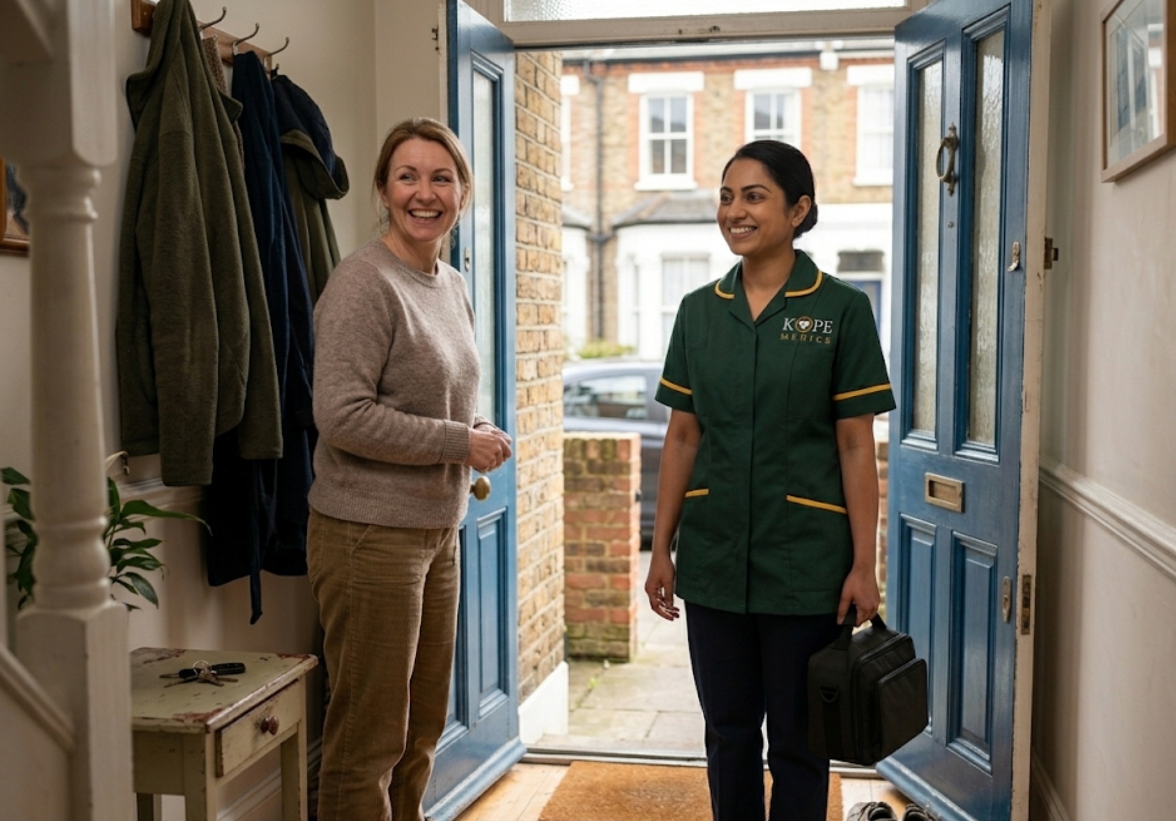 Kope-Medics carer arriving at a London family home, trusted home care provider